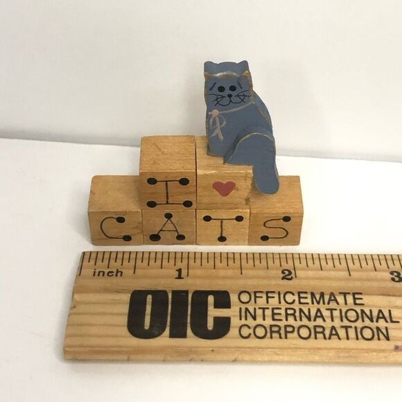 i love cats wood cubes miniature 2 inch decor gray cat figure 90s 80s - Picture 3 of 6